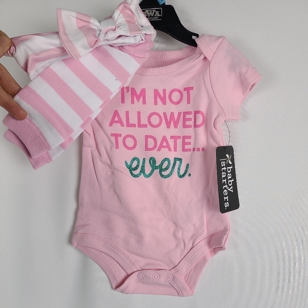 Baby Starter Sz 3m Girl Onesy Says "I'm not allowed to date ever" Socks/Headband